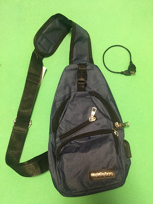 Мужская сумка тактическая через плечо синя (джинс) - размер сумки 30*20см, 4 кармана, с USB шнуром в комплекте Киев - изображение 1