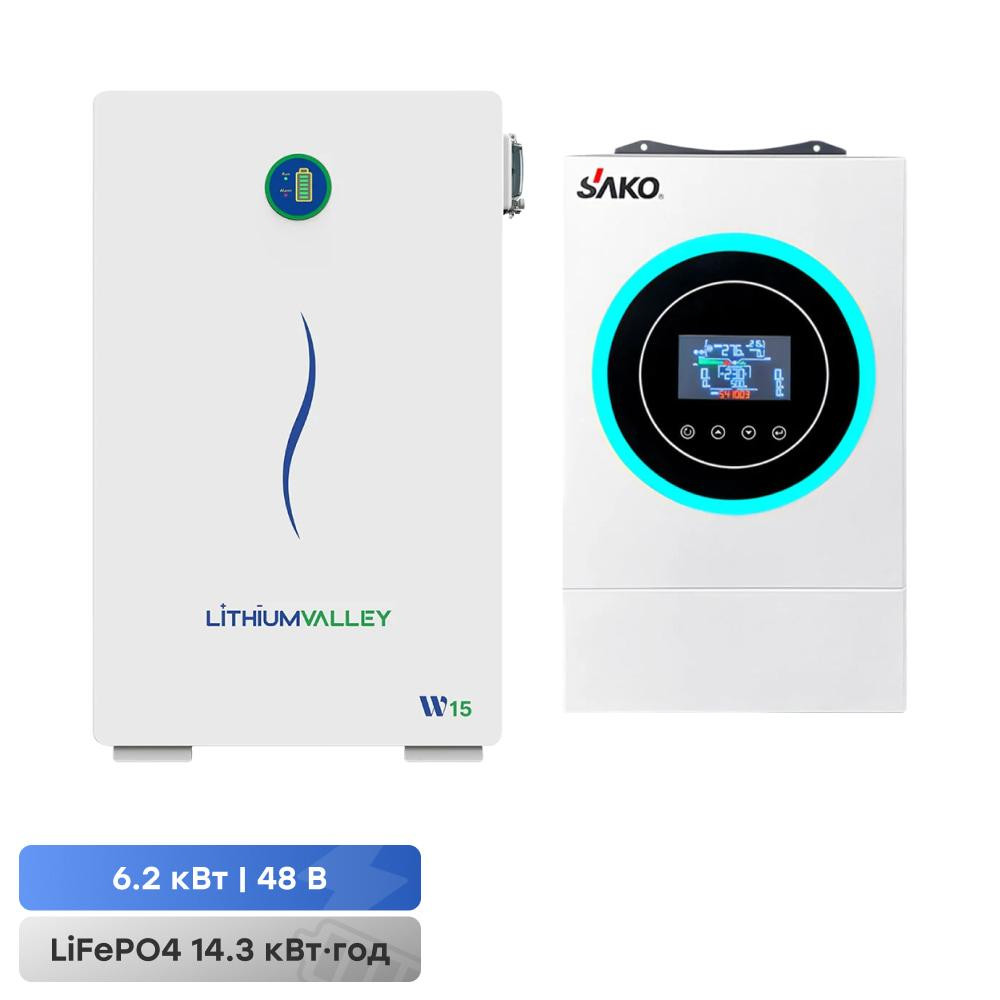 Комплект резервного живлення 6.2kW 14.336kWh: гібридний інвертор Sako SUNON V 6.5KVA/6200W/48V+120A MPPT і акумуляторна батарея Киев - изображение 6