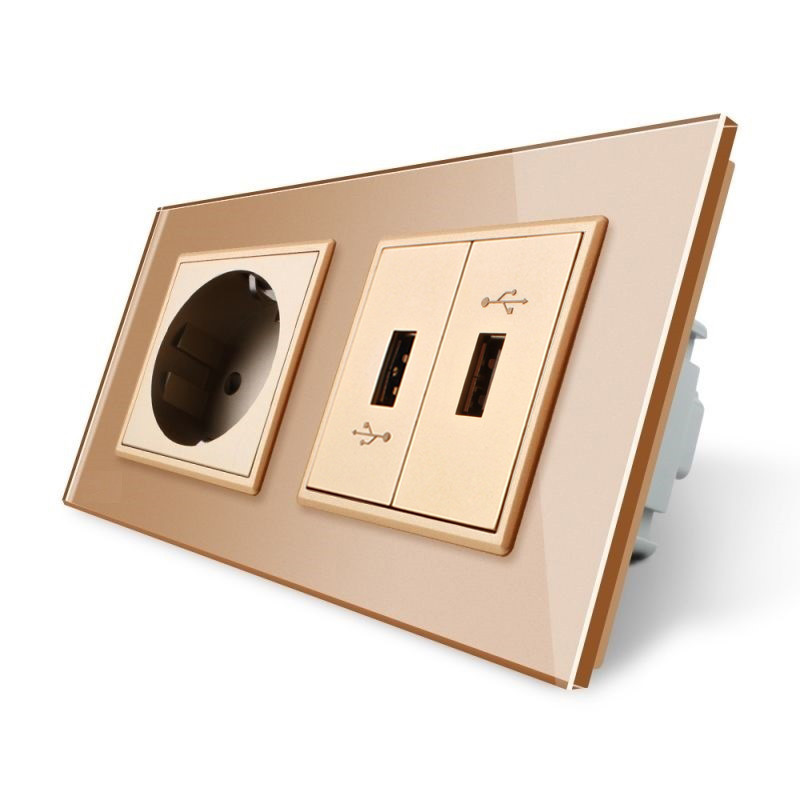 LIVOLO Розетка з заземленням з 2 USB розетками Livolo золотой скло (VL-C7C1EU2USB-13) Коломия - фото 1