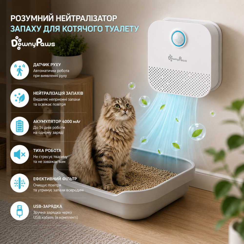 Умный нейтрализатор запаха DownyPaws для кошачьего туалета, 4000 мАч, датчик движения, до 14 дней, USB, White Киев - изображение 1