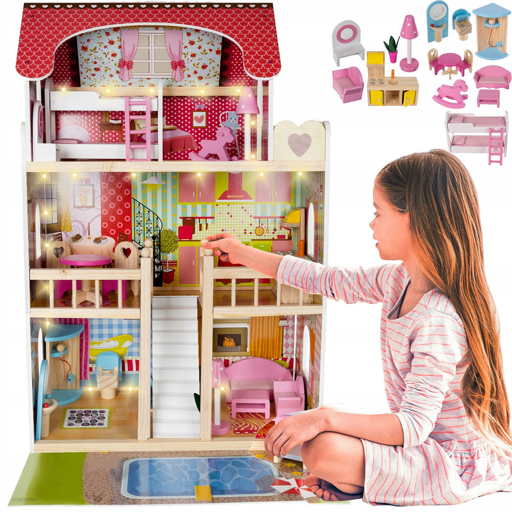 Дерев'яний ляльковий будиночок 3 рівні 5 кімнат з басейном і лампочками Kruzzel (11251) Нововолинськ - фото 1