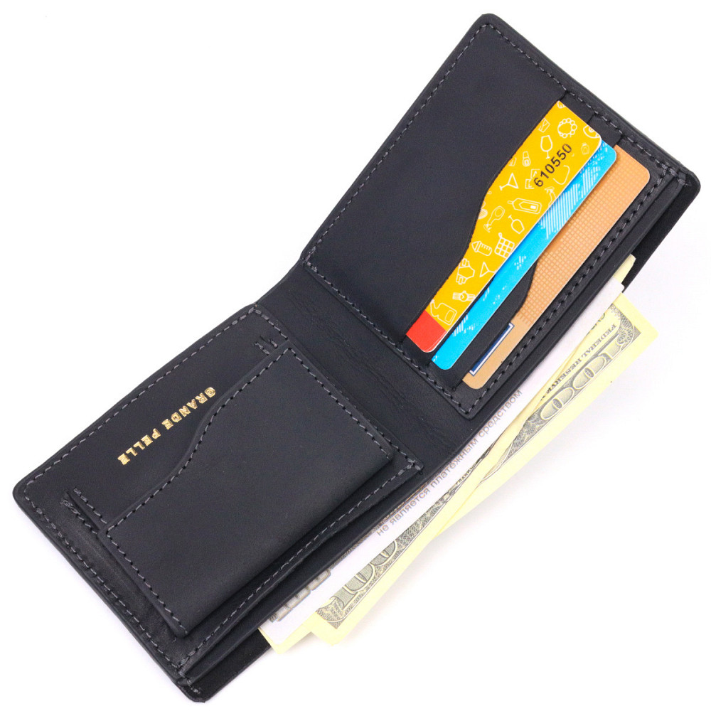 Добротное кожаное портмоне из винтажной кожи в два сложения Слава ЗСУ GRANDE PELLE 16734 Черный Киев - изображение 5