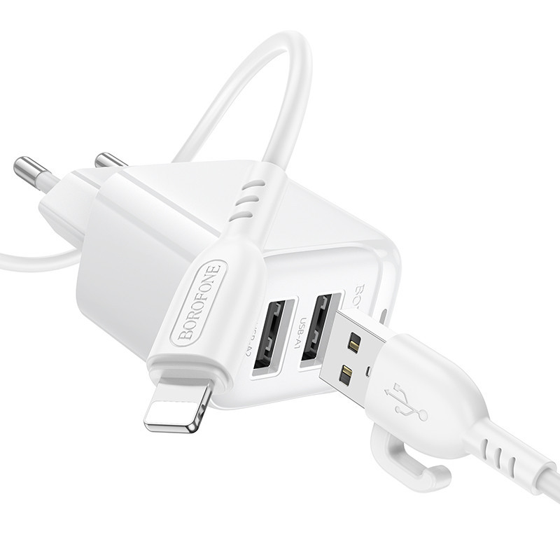 Сетевое зарядное устройство с кабелем BOROFONE BAS41A Potential dual-port charger set (iP) White Киев - изображение 5