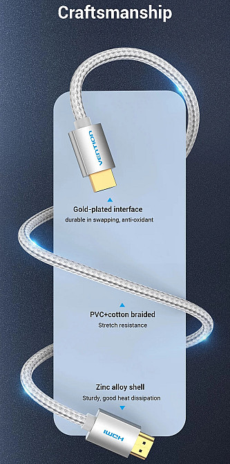 Кабель HDMI M - M, 2.0 м, V2.0, 4K 60Гц, обплетення, Silver Metal Type Vention Винница - изображение 8
