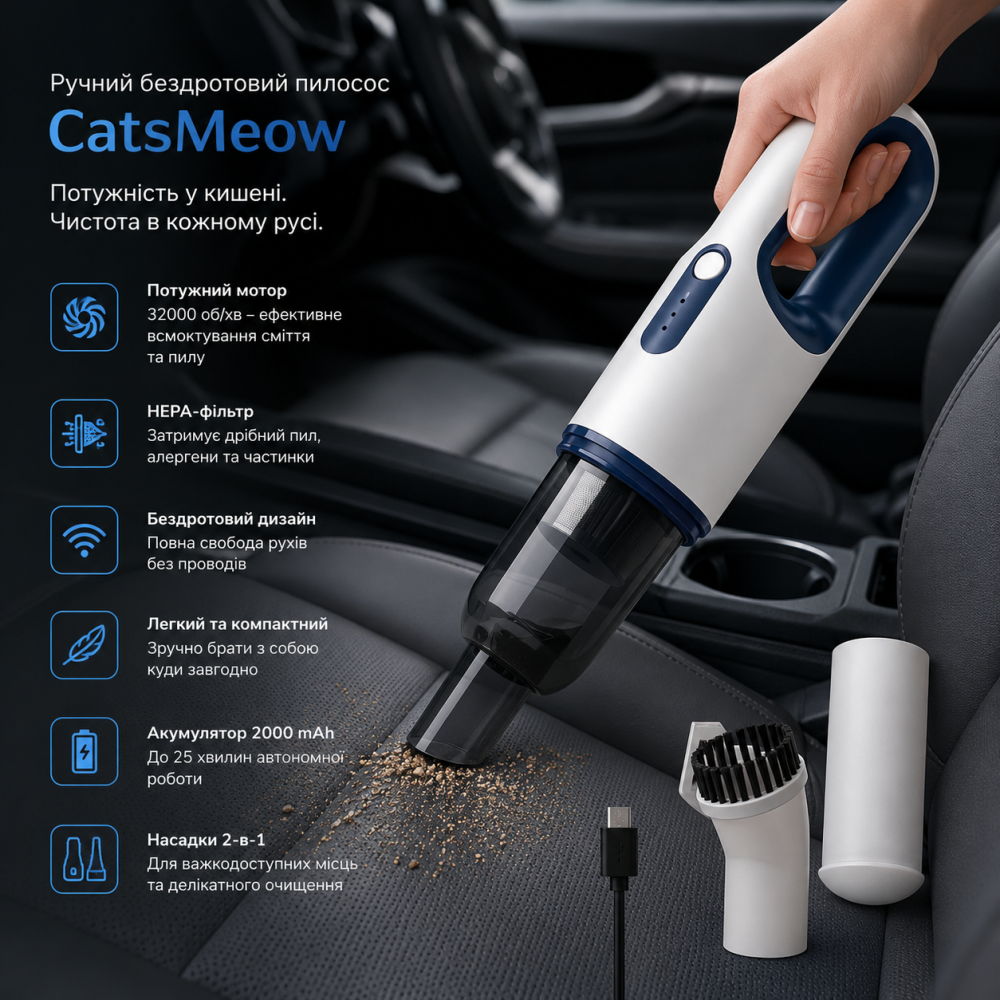 Ручний бездротовий пилосос CatsMeow: портативний автомобільний пилосос для дому, 32000 об/хв, потужний HEPA-фільтр Київ - фото 7