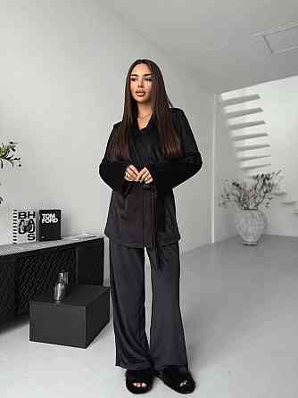 Жіночий стильний домашній костюм штани палаццо + кімоно, велюр Чорний, 46/48 Одеса