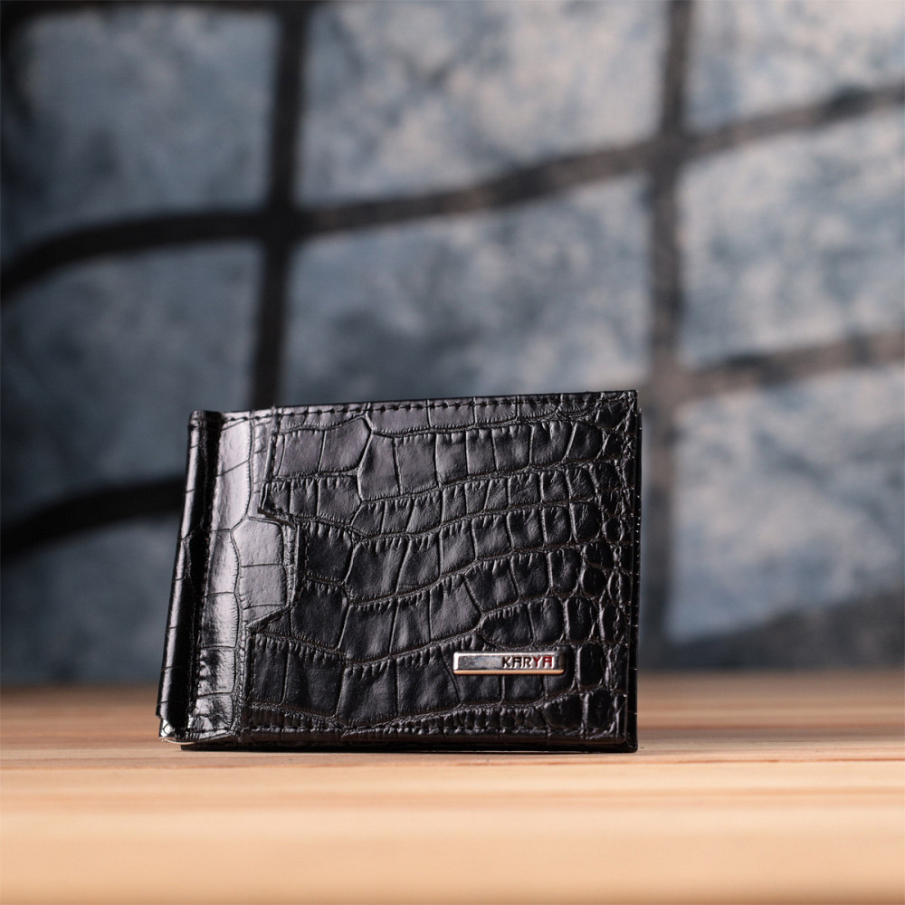 Удобный мужской зажим из натуральной фактурной кожи под крокодила KARYA 22886 Черный Киев - изображение 9