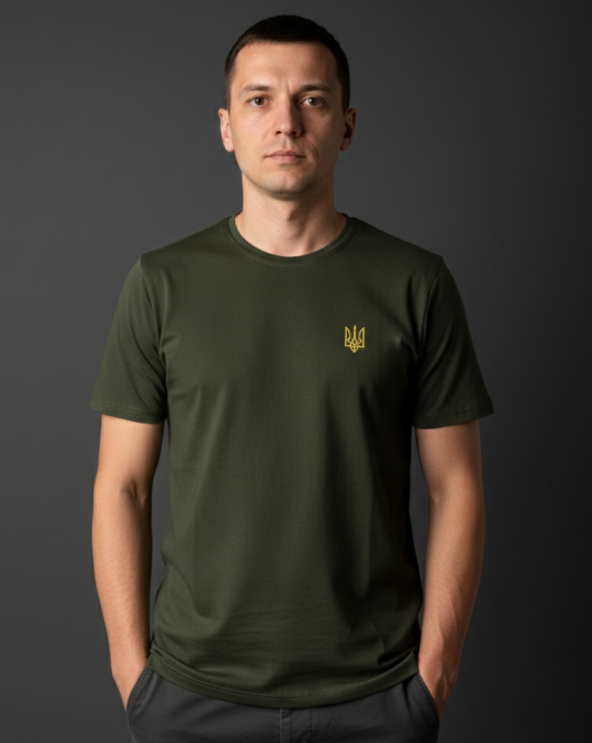 Футболка хакі з маленьким вишитим Тризубом зліва 4XL Київ - фото 1