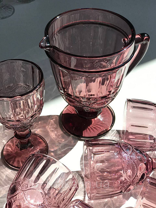 Набір для напоїв 7 предметів 6 шт. келихів + графин 1 л «Вінтаж» 300 мл рожевий Київ - фото 2