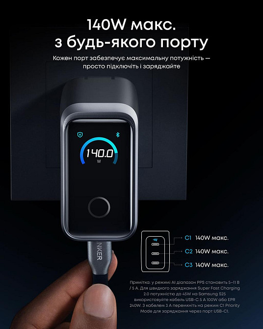 Сетевое зарядное устройство Anker GaNPrime Charger 160W, 3xUSB-C PD3.1 w Display Silver (7232958) Киев - изображение 9