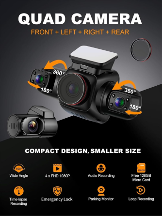 Видеорегистратор Yabdbg D80 4CH 4×1080P, 360°, GPS, Wi-Fi, WDR, ночное видение, 24/7 парковка, до 256 ГБ Киев