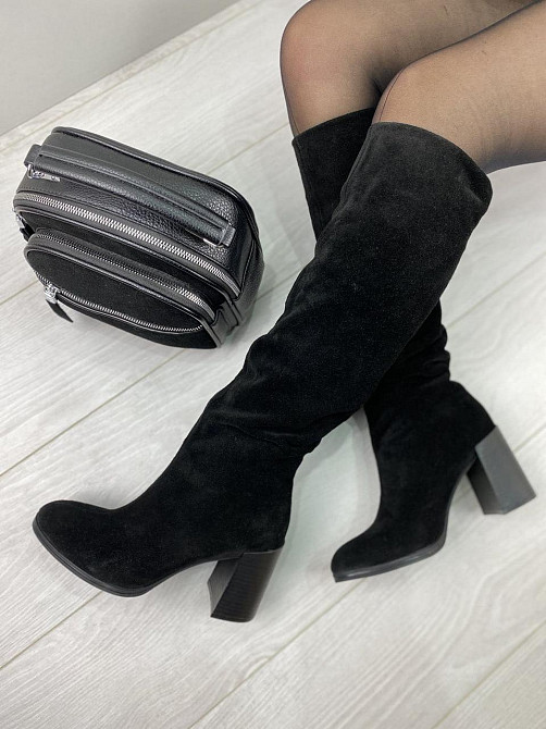 Injers Чоботи жіночі замшеві демісезонні весна-осінь на підборах чорні, з натуральної замші р. Коломия - фото 1