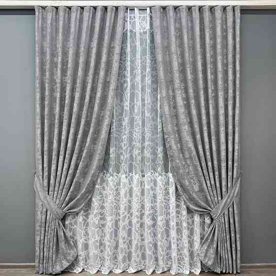 Комплект штор VR-Textil Жакард Мармур 150х270 2шт і Тюль 400х270 1668ш-1529т Сірий з білим 71-183/3 Київ