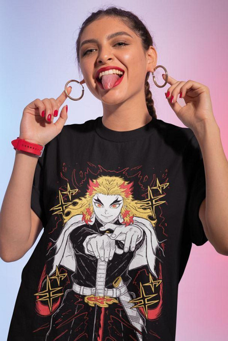 Футболка для хлопчика з аніме принтом Кйоджуро Ренгоку Слайер Демон оверсайз (зріст від 165 до 180) Чорний AnimeJ0817m Дніпро - фото 4