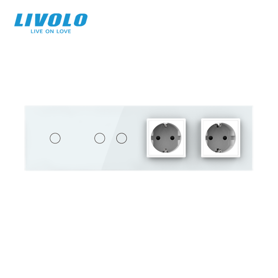 Сенсорний вимикач 3 сенсора (1-2) 2 розетки Livolo білий скло (VL-C701/C702/C7C2EU-11) Коломия