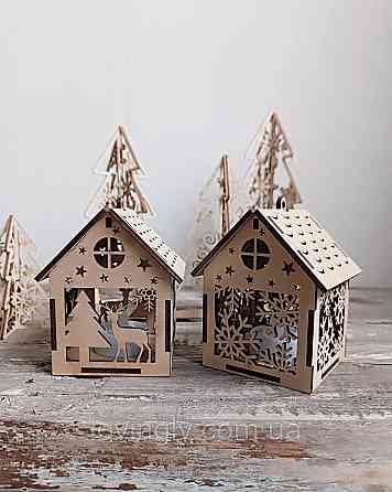 Набір підвісок з LED свічками, два дерев'яні будиночки 13 см. Ірпінь