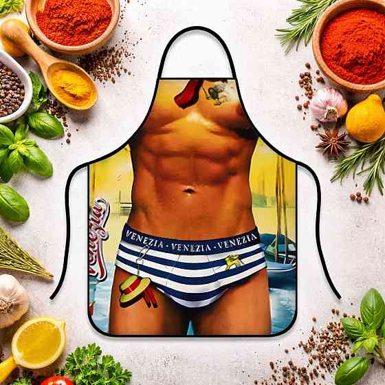 Фартух з приколом чоловічий кухонний з торсом і пресом у стилі Венеція для гриля 75 на 60 см різнобарвний Київ