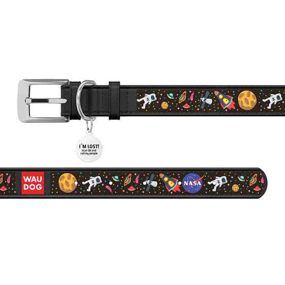 Нашийник для собак шкіряний WAUDOG Design з QR паспортом, малюнок "NASA", L, Ш 25 мм, Дов 38-49 Коломыя