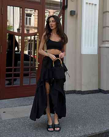 Жіноча романтична довга спідниця з воланами льон бохо Чорний, 44/46 Одеса