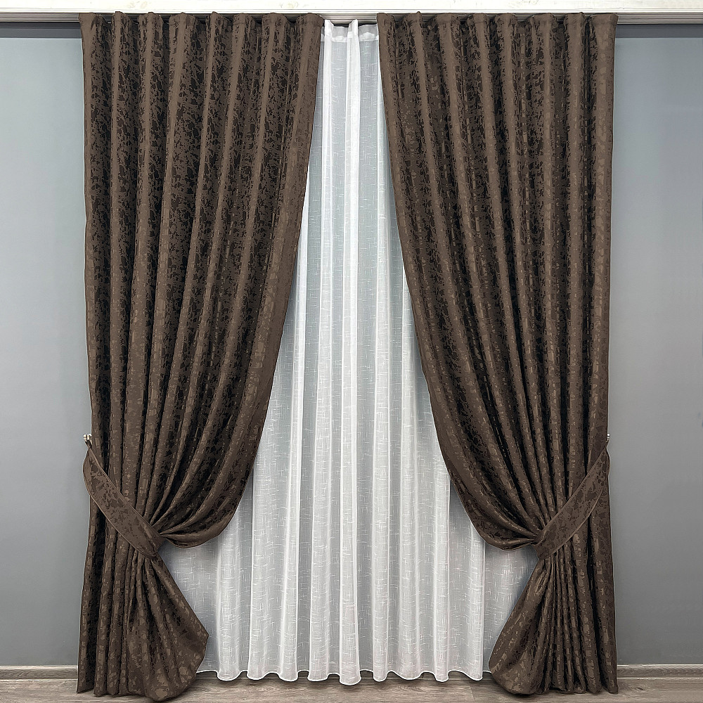 Комплект штор VR-Textil Льон Мармур 200х270 2шт і Тюль 500х270 1910ш-115т Венге з білим 71-130/6 Київ - фото 1