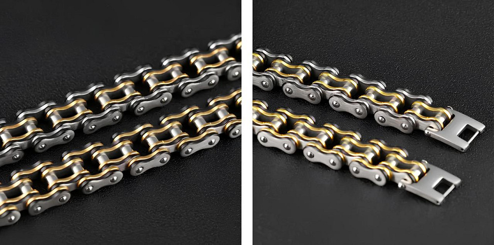 Чоловічий браслет RESTEQ із нержавіючої сталі у вигляді мотоциклетного ланцюга, чорно-золотий Київ - фото 4