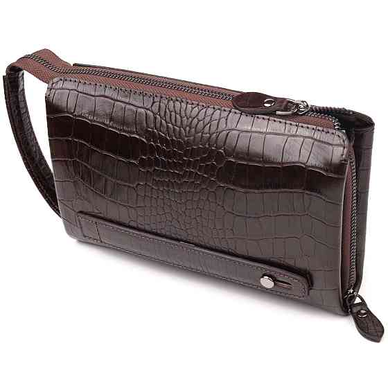 Удобный клатч для мужчин из натуральной фактурной кожи с тиснением под крокодила CANPELLINI 21561 Коричневый Киев