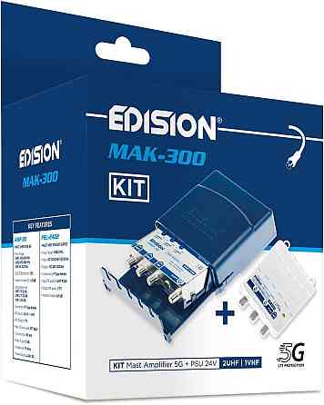 EDISION MAK-300 Mast усилитель антенны 2UHF+1VHF/FM 17–32 дБ 107 дБмВ 24В с фильтром 5G LTE и питанием 24В Киев