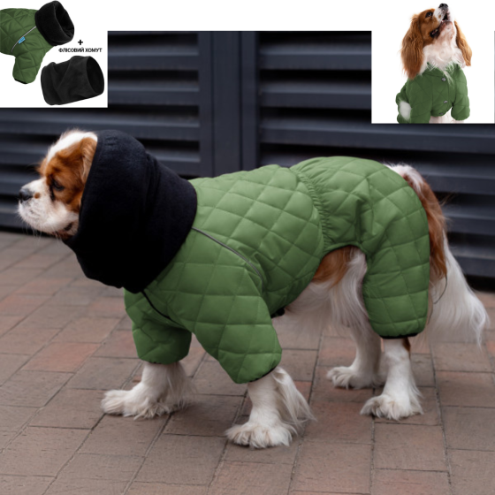 Зимовий комбінезон для собак теплий стьобаний на флісі Barksi Textile з хомутом Зелений Одеса