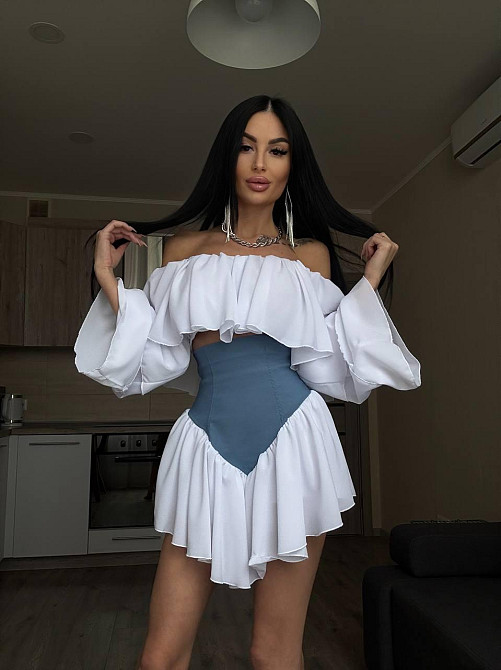 Женский романтичный костюм двойка: многослойная блуза и шорты-юбка креп шифон + джинс бенгалин Одесса - изображение 8