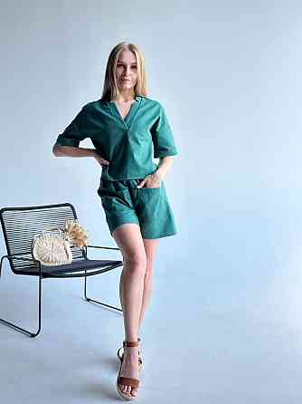 Лляний костюм з шортами "Jade" оптом | Батал | Розпродаж моделі Смарагдовий, 50-52 Київ