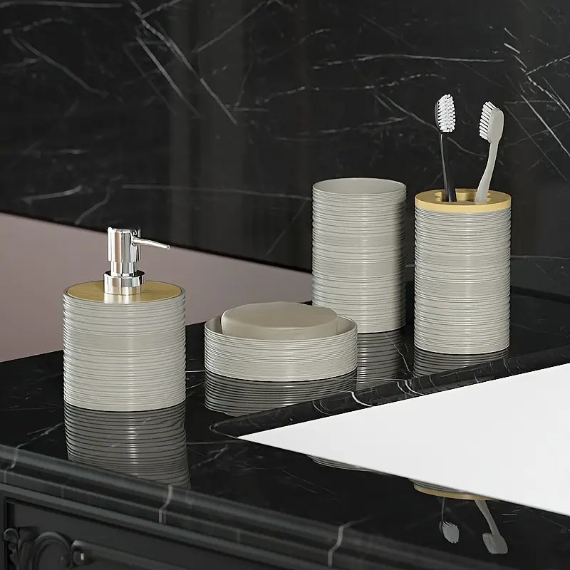 Набор аксессуаров 4в1 для ванной и душа, мыльница,дозатор для мыла, стаканы,пластик,бежевый Каменец-Подольский - изображение 3