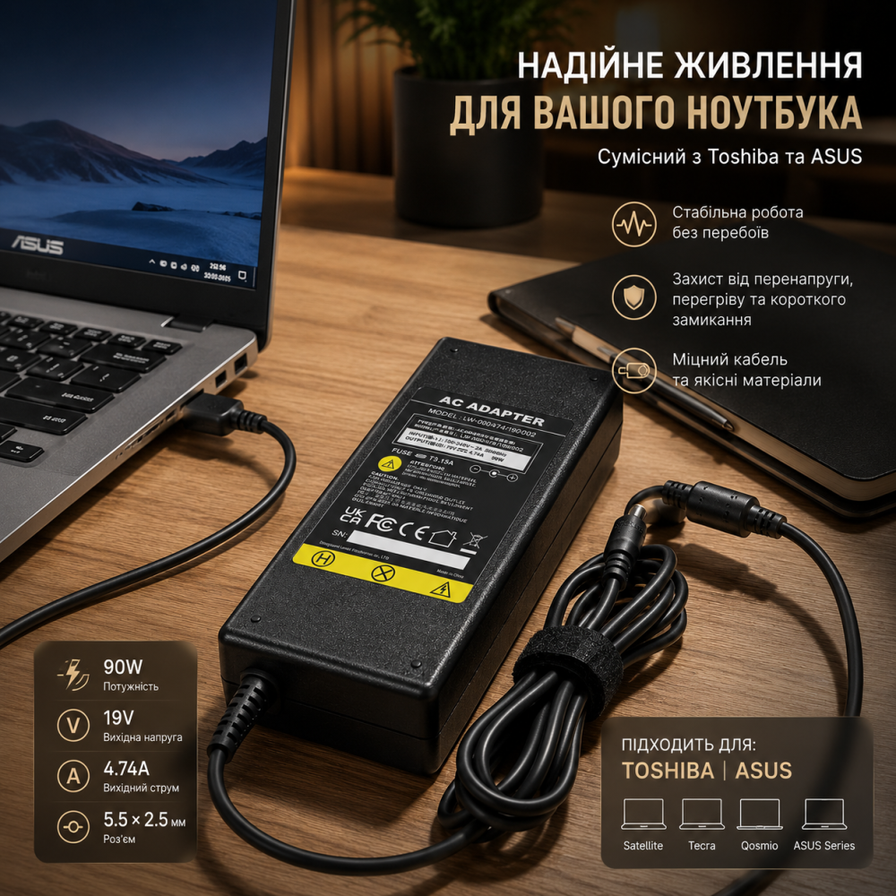 Зарядний пристрій ARyee 19V 4.74A 90W для ноутбуків Toshiba та ASUS, адаптер живлення 5.5×2.5 мм з кабелем живлення Київ - фото 10
