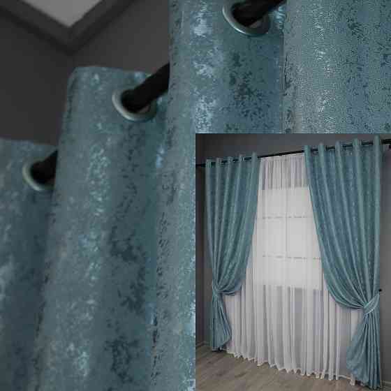 Комплект штор на люверсах VR-Textil Льон мармур Pavliani № 1369ш 150х250 см 2 шт Лазурний (37-0051) Київ