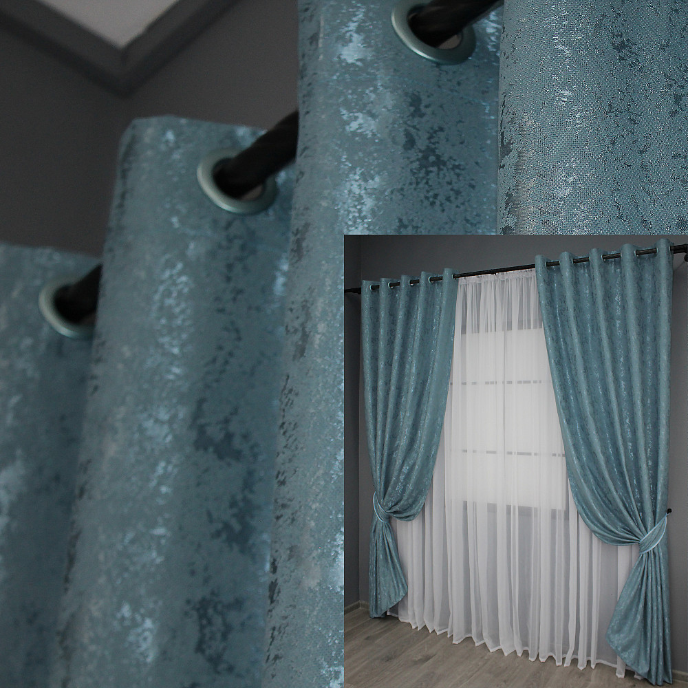 Комплект штор на люверсах VR-Textil Льон мармур Pavliani № 1369ш 150х250 см 2 шт Лазурний (37-0051) Київ - фото 1