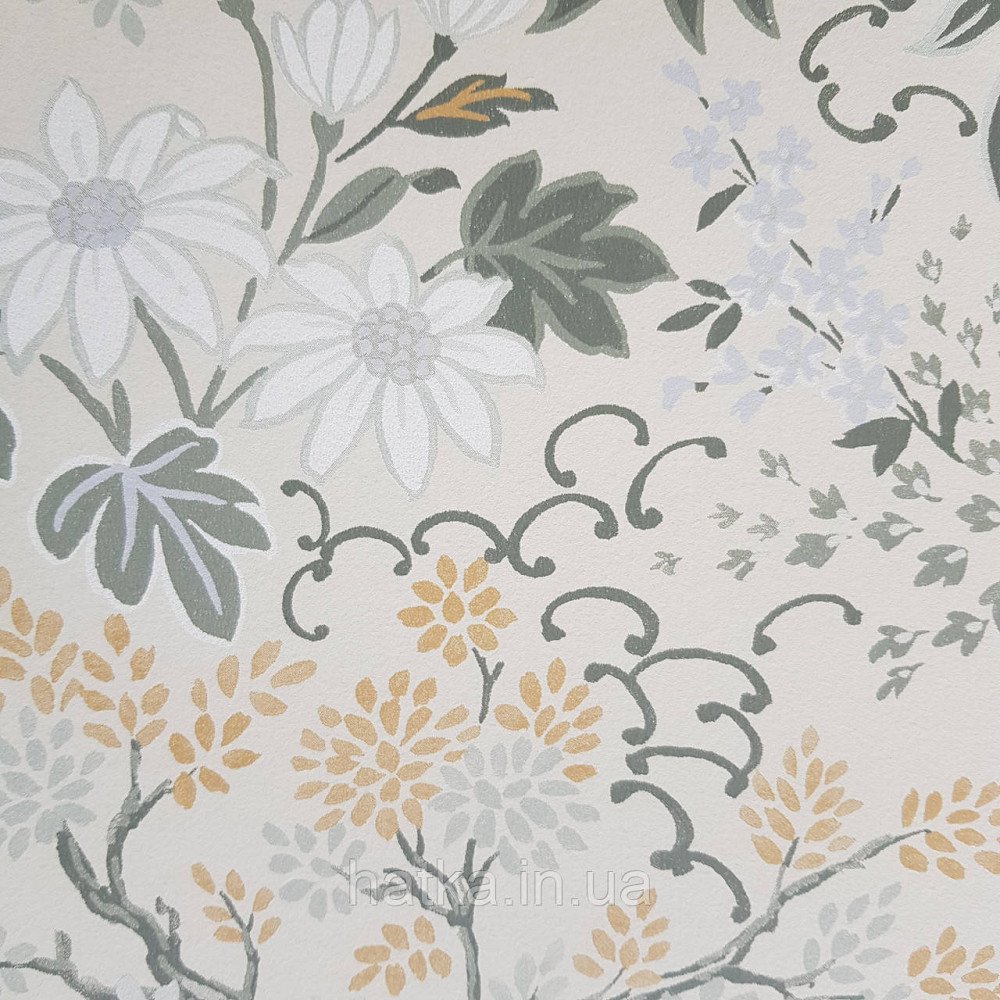 Обои флизелиновые эко Rasch Salisbury 0.53х10 цветы полевые листья желтые белые серые на желтом Киев - изображение 3