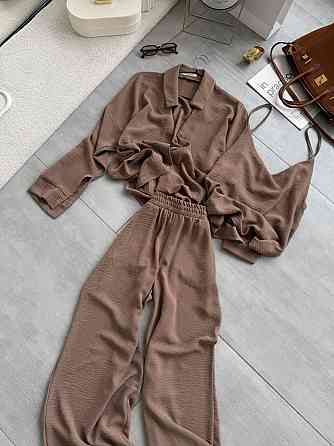 Жіночий легкий прогулянковий костюм-трійка: сорочка майка та штани креп жатка Моко, 42/46 Одеса