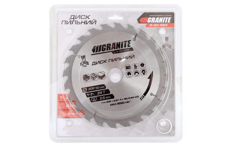 Диск пильный GRANITE для дерева с твердосплавными напайками 205х30х24Т адаптер 30-25.4 7450 об/мин 5-20-524 Ровно - изображение 2