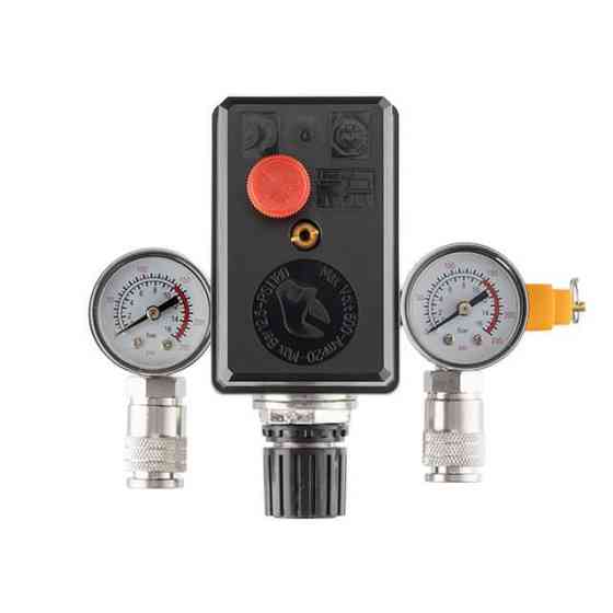 Пресостат 380 В (блок автоматики компрессора) в сборе: прессостат, редуктор, 2 манометра, предохранительный клапан, 2 выхода, 10 бар Киев