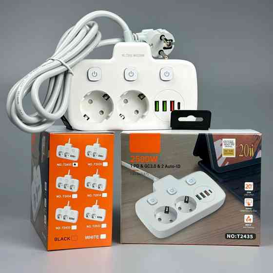 Универсальный сетевой удлинитель Power Socket 2 розетки + 3USB + Type-C, 2500W Винница