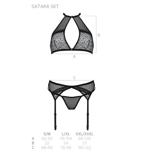 Комплект білизни Passion SATARA SET L/XL black, топ, пояс для панчіх, стрінги Львов