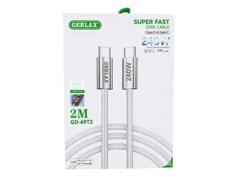 Кабель Type-C - Type-C GD-69T2 9A/240W/QC3.0 тканинний білий 2м 29722 ТМ Gerlax Київ - фото 1