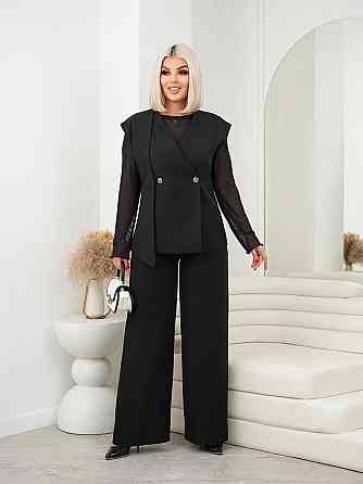 Жіночий класичний костюм-трійка: жакет, лонгслів і штани батал костюмна тканина + сітка Чорний, 52/54 Одеса