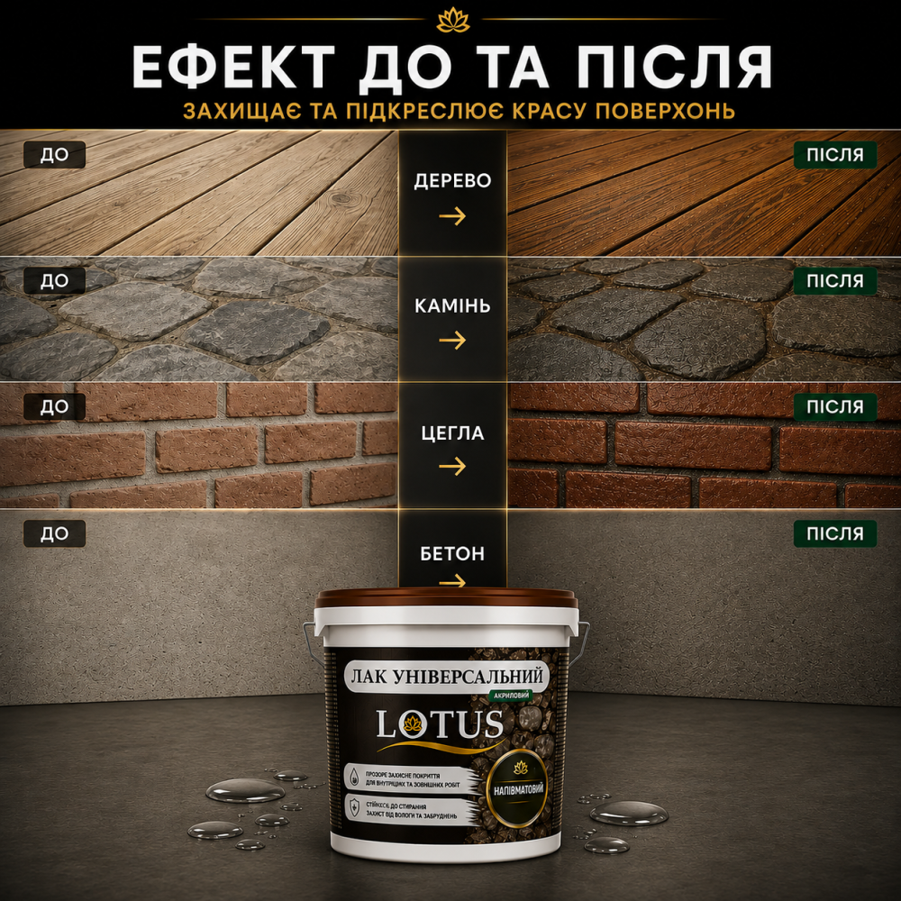 Лак універсальний акриловий LOTUS прозорий напівматовий без запаху зносостійкий для дерева, каменю, бетону та інших поверхонь 1 л Харків - фото 7