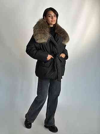 Жіночий зимовий чорний пуховик Aria Raccoon з натуральним хутром єнота 48 Харків