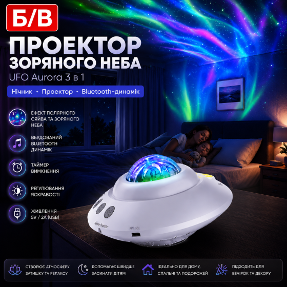 Ночник-проектор звездного неба UFO Aurora 3 в 1 с Bluetooth-динамиком, пультом и таймером Белый Б/У Киев