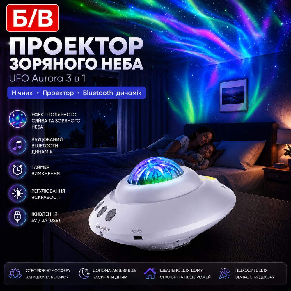 Ночник-проектор звездного неба UFO Aurora 3 в 1 с Bluetooth-динамиком, пультом и таймером Белый Б/У Киев - изображение 1