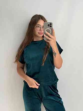 Піжама-комплект (футболка+шорти+штани) з плюшевого велюр Смарагд S Харків