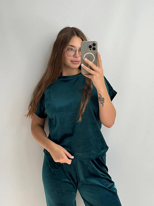 Пижама женская футболка+шорти+штаны из плюшевого велюра Изумрудный S Харьков - изображение 1