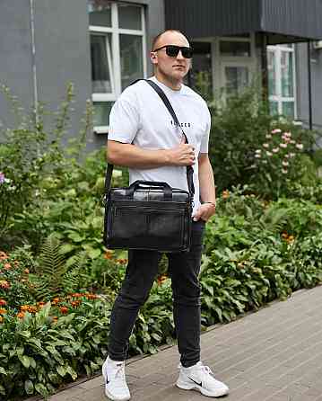 Чоловіча шкіряна ділова сумка портфель для речей і документів Tiding Bag Чорна 38х28х8см Київ