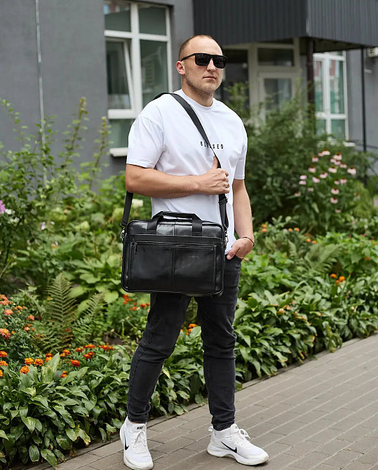 Чоловіча шкіряна ділова сумка портфель для речей і документів Tiding Bag Чорна 38х28х8см Київ - фото 6
